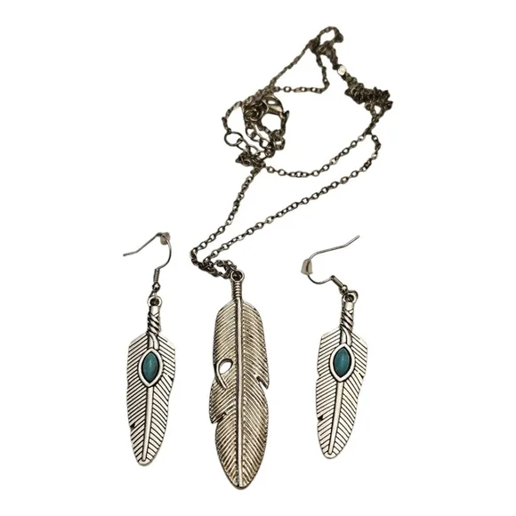 Women's Unbranded Jewelry Set Silver Feather Necklace & Earrings - Picture 2 of 4